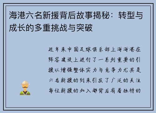 海港六名新援背后故事揭秘：转型与成长的多重挑战与突破